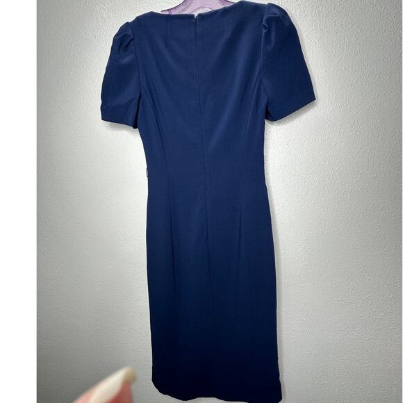 Michael Kors Navy Blue V-Neck Cap Sleeve Front Slilt Fitted Midi Dress 2 - Picture 6 of 14